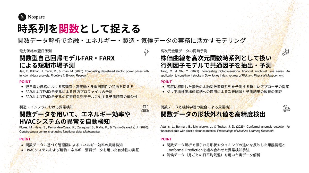 時系列データは日次・週次レベルで周期的なパターンを含むことが多い。時系列を「関数」として捉えると、高次元時系列の予測が効率的に行え、関数の形状変化を測ることで異常検出や時系列間の違いの定量化が可能となる。松井先生のセミナーでは、すぐに使える関数データ解析を学べます。