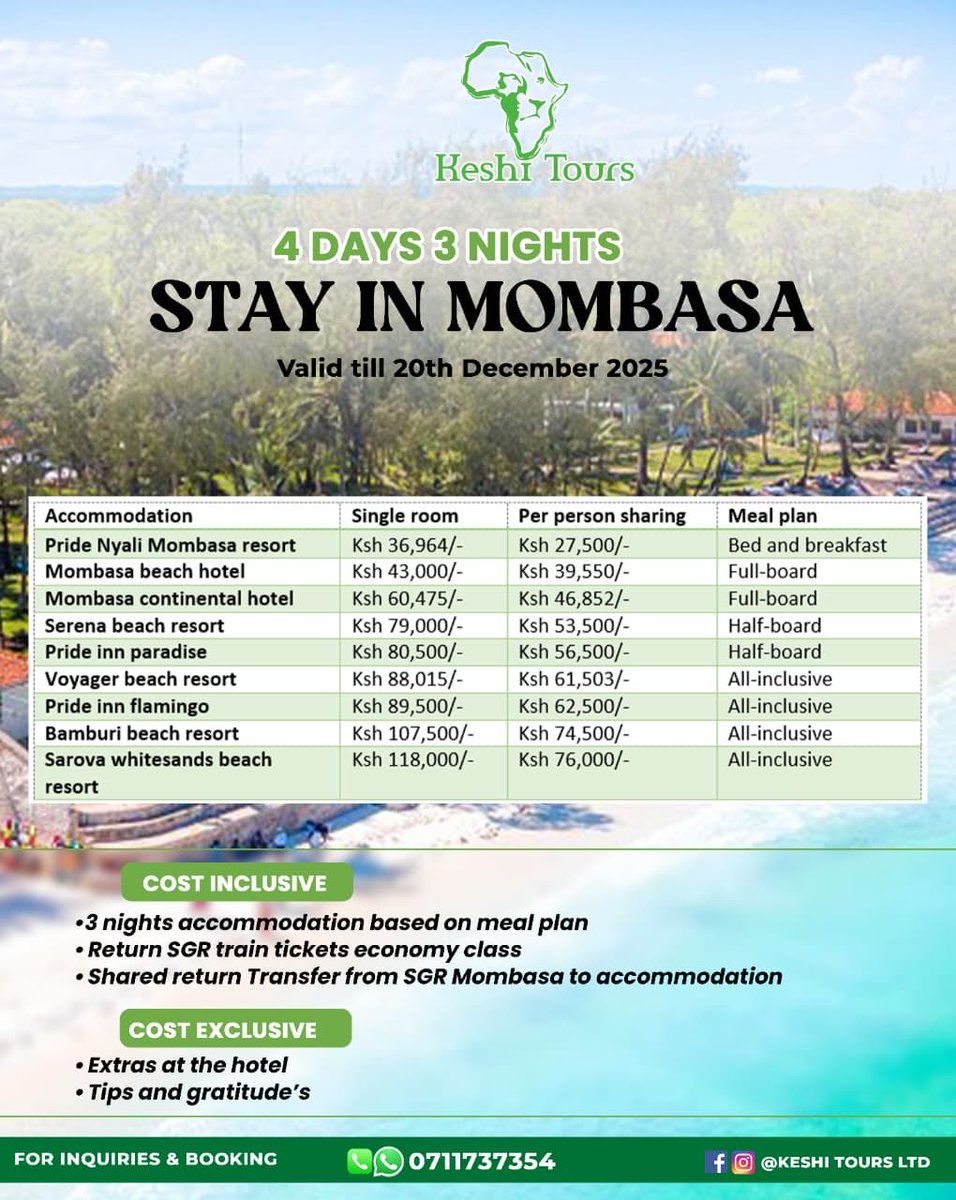 keshi_ltd's tweet image. Soft sands, turquoise waves, and sunsets that melt your heart… the Kenyan Coast is calling. Whether it’s Diani, Watamu, or Mombasa, paradise is just a booking away. ✨
👉 Book your coastal escape today on keshitours.com. 
#CoastalVibes #MagicalKenya
