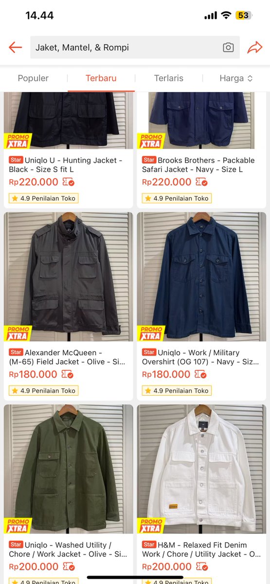 Blazer lain kaya Uniqlo, Zara, H&amp;M, dll cuma 200 ribuan aja. Jaket-jaket juga segituan. Rata-rata jual cuma 1/4 dari harga barunya aja.

Ini link tokonya: shope.ee/3L22TY0Gyu