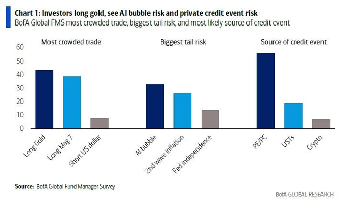 Bar chart titled Investors long gold, see AI bubble risk and private credit event risk from BofA Global Fund Manager Survey. Horizontal bars compare Most Crowded Trade, Biggest Tail Risk, Source of Credit Event across categories: Long Gold (high in crowded and source), Long Magnificent 7 (high crowded), Short US Dollar (medium crowded), AI Bubble (high tail risk), Inflation Independence (medium tail risk), PEDC (medium source), US Crypto (low across). Source BofA Global Research.