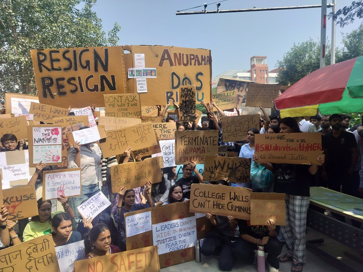asmitabasakk's tweet photo. We are here till ALL our demands are met. Hang your heads in shame, SAU admin #SAUstandswithher https://t.co/uLcvJC2smB