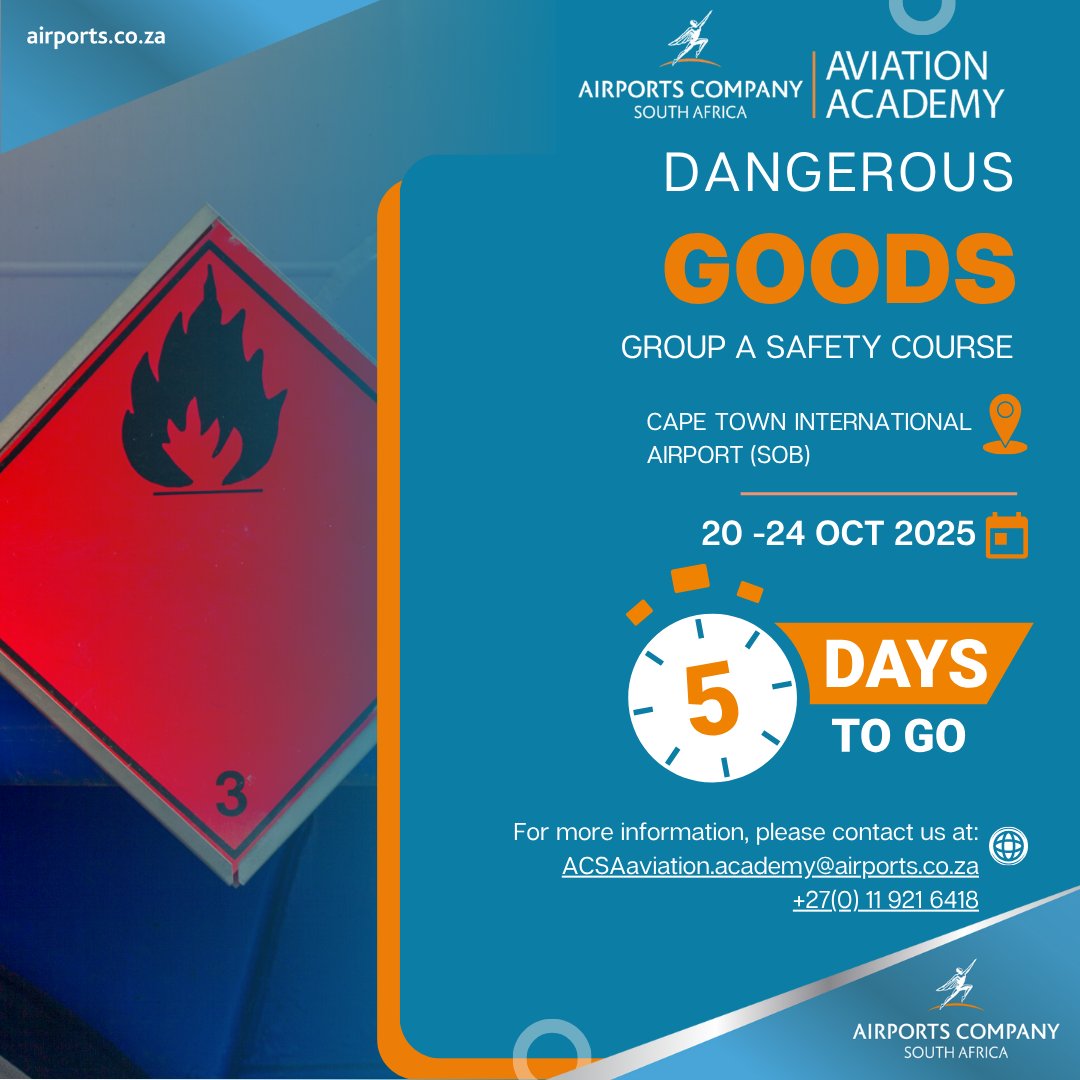 🗓 5 DAYS TO GO 🚨

Safety starts with knowledge! ✈
Get ready to master the fundamentals of the Dangerous Goods Group A Safety Course.

📍 Cape Town International Airport (SOB)
📅 20–24 October 2025

Sharpen your expertise in compliance, packaging, labeling, and handling of