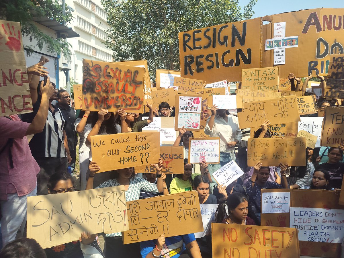 asmitabasakk's tweet photo. We are here till ALL our demands are met. Hang your heads in shame, SAU admin #SAUstandswithher https://t.co/uLcvJC2smB