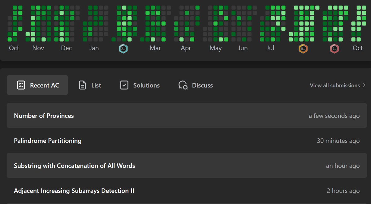 SwaDotDev's tweet image. DSA grind 15-10-2025
-> Solved POTD
-> Solved 2 string problems
- 131 (backtracking, medium)
- 30 (sliding window, hard)
-> Solved 1 graph problem
- 547 (medium)
-> Solved few DFS problems
#LeetCode #dsa #100daysofcode