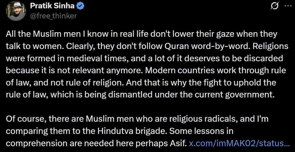 x_rahulraj's tweet image. Pratik criticized Taliban. Now he has to bring Sangh, Netanyahu, Hindutva to justify his post. Atheist Pratik is talking about origin of religion & verses of Quran. Most people who are supporting him are not saying that Pratik is right. They are discussing method of criticsm.