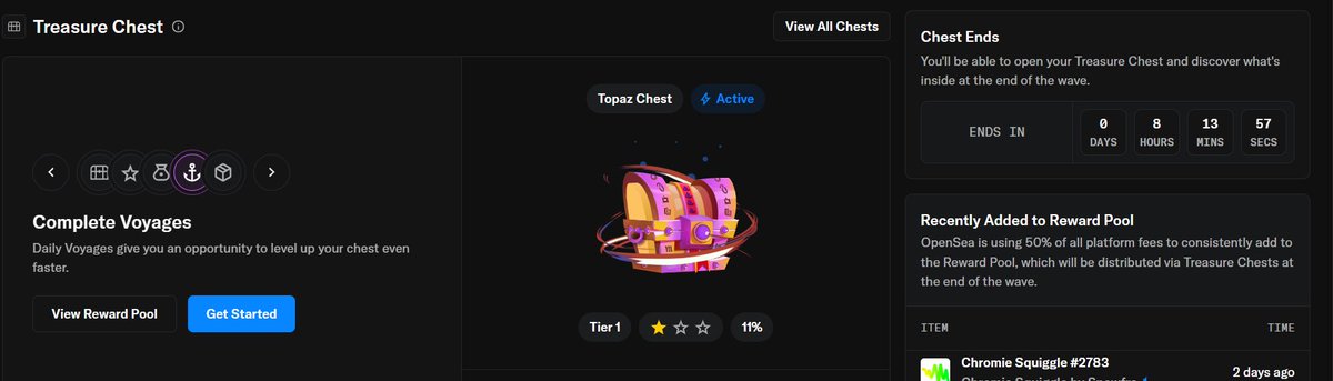 🚨 Wave’s closing soon! 🚨

Time’s ticking ⏳  only 8 hrs left <a href="/opensea/">OpenSea</a>
Been grinding those voyages &amp; activity to max my tier.
Gonna see if this wave’s loot hits big 🤞

right after ends WAVE2 will start. last until nov 15

wts ur chest comment below👇