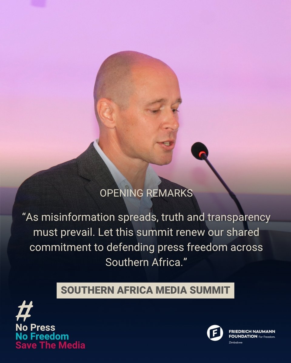 FNF_Africa's tweet photo. “As misinformation spreads, truth and transparency must prevail. Let this summit renew our shared commitment to defending press freedom across Southern Africa,” Friedrich Naumann Foundation for Freedom's Project Coordinator, Miklos Romandy. #NoPressNoFreedom #SaveTheMedia https://t.co/LIAG82JuGz