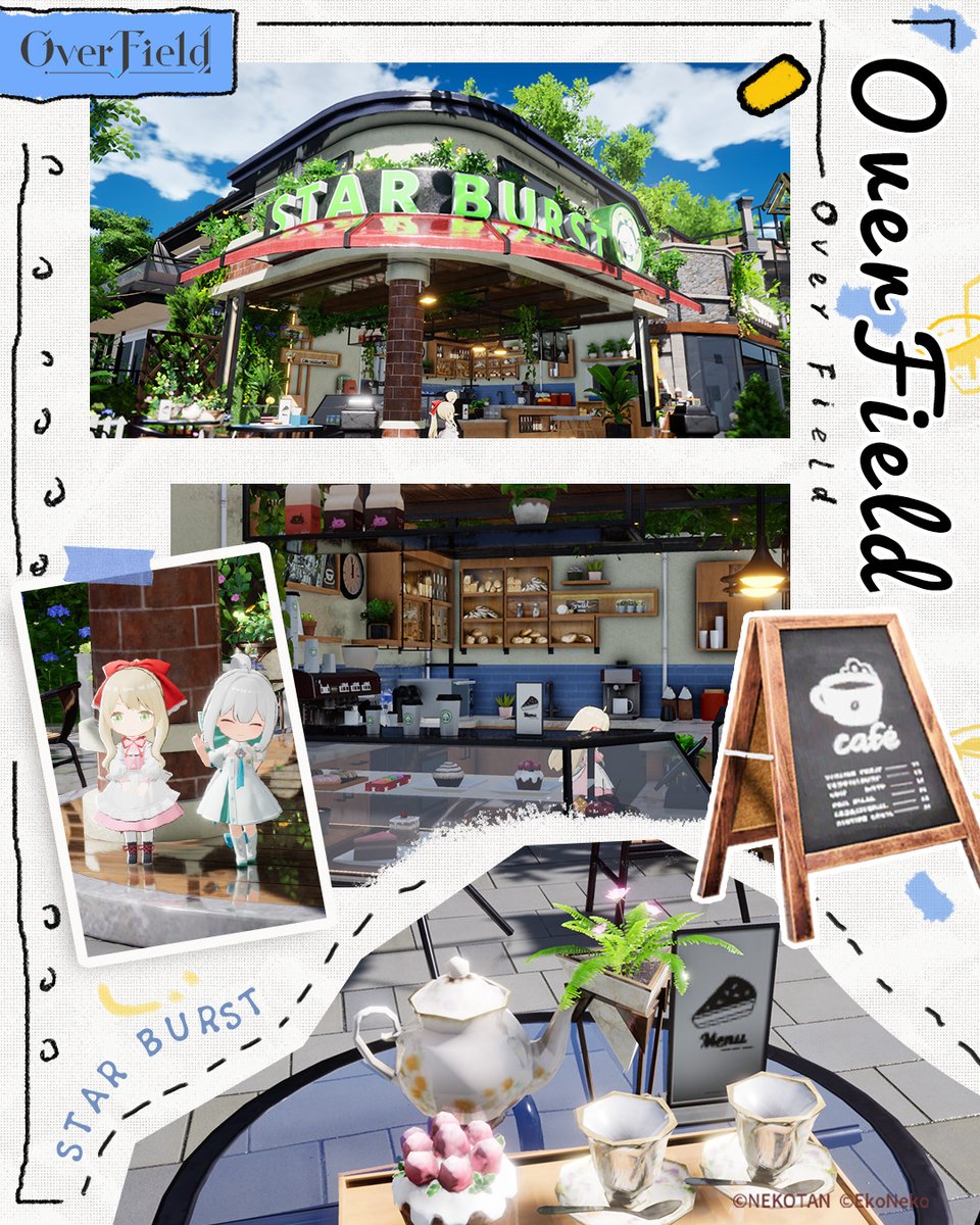 OverField_2025's tweet image. 『開放空間の一角』～カフェ篇～
ラボの近くにあるカフェ「STAR BURST」では、青い海や街並みを眺めながら、コーヒー☕やスイーツ🍰を楽しめます♪
ここは時を忘れるカフェ♪
テラス席に座って、美味しい食事と美しい景色を満喫しましょう！

#開放空間OverField
#オーバーフィールド
