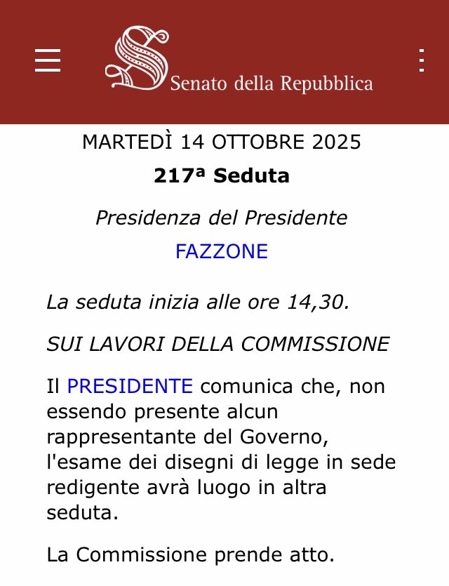Ieri era prevista in Commissione al Senato l’esame della riforma della Rai (che l’Italia è tenuta a fare) ma il governo non si è presentato.
È paralisi totale, bloccano sia la Commissione di vigilanza che la riforma, per meglio gestire TeleMeloni, schifo politico e istituzionale.