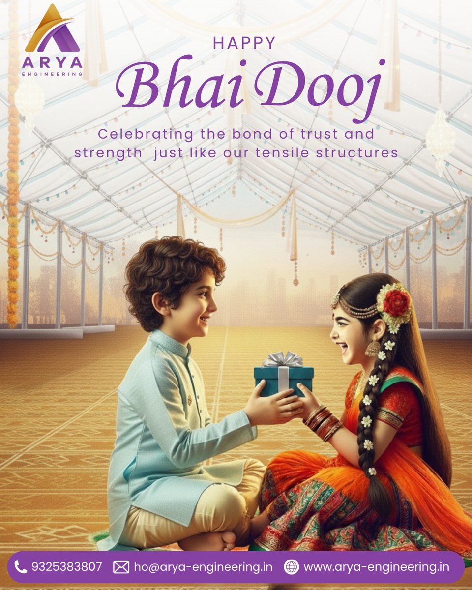 AryaaEng's tweet image. Celebrating the bond of trust and strength, this Bhai Dooj — just like the foundation of our tensile structures. ✳️

Happy Bhai Dooj from Arya Engineering! ❤️

#HappyBhaiDooj #BhaiDooj2025 #AryaEngineering #TensileStructure #TensilesforOpenSpaces #TensileStructureManufacturers