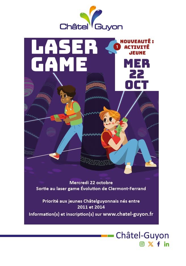 #jeunesse Bientôt les vacances ! 🤸‍♂️😎
Le mercredi 22 octobre après-midi, le Pôle Vie de l’Enfant de la Ville de Châtel-Guyon organise une sortie laser-game destinée aux jeunes de 11 ans à 15 ans ! 🔫
Fiche d'inscription et infos à retrouver ici 👉chatel-guyon.fr/activites-jeun…