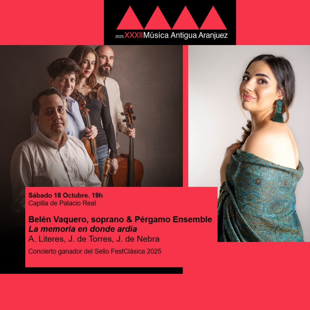 𝗣𝗿𝗼́𝘅𝗶𝗺𝗼 𝗰𝗼𝗻𝗰𝗶𝗲𝗿𝘁𝗼 𝗱𝗲𝗹 𝗙𝗲𝘀𝘁𝗶𝘃𝗮𝗹 𝗱𝗲 𝗠𝘂́𝘀𝗶𝗰𝗮 𝗔𝗻𝘁𝗶𝗴𝘂𝗮 𝗱𝗲 𝗔𝗿𝗮𝗻𝗷𝘂𝗲𝘇
sábado 18 de octubre a las 19:00 h en la Capilla del Palacio Real con el cuarteto Pérgamo Ensemble  acompañado por la soprano Belén Vaquero.
<a href="/MAntiguAranjuez/">Festival Música Antigua de Aranjuez 2025</a>