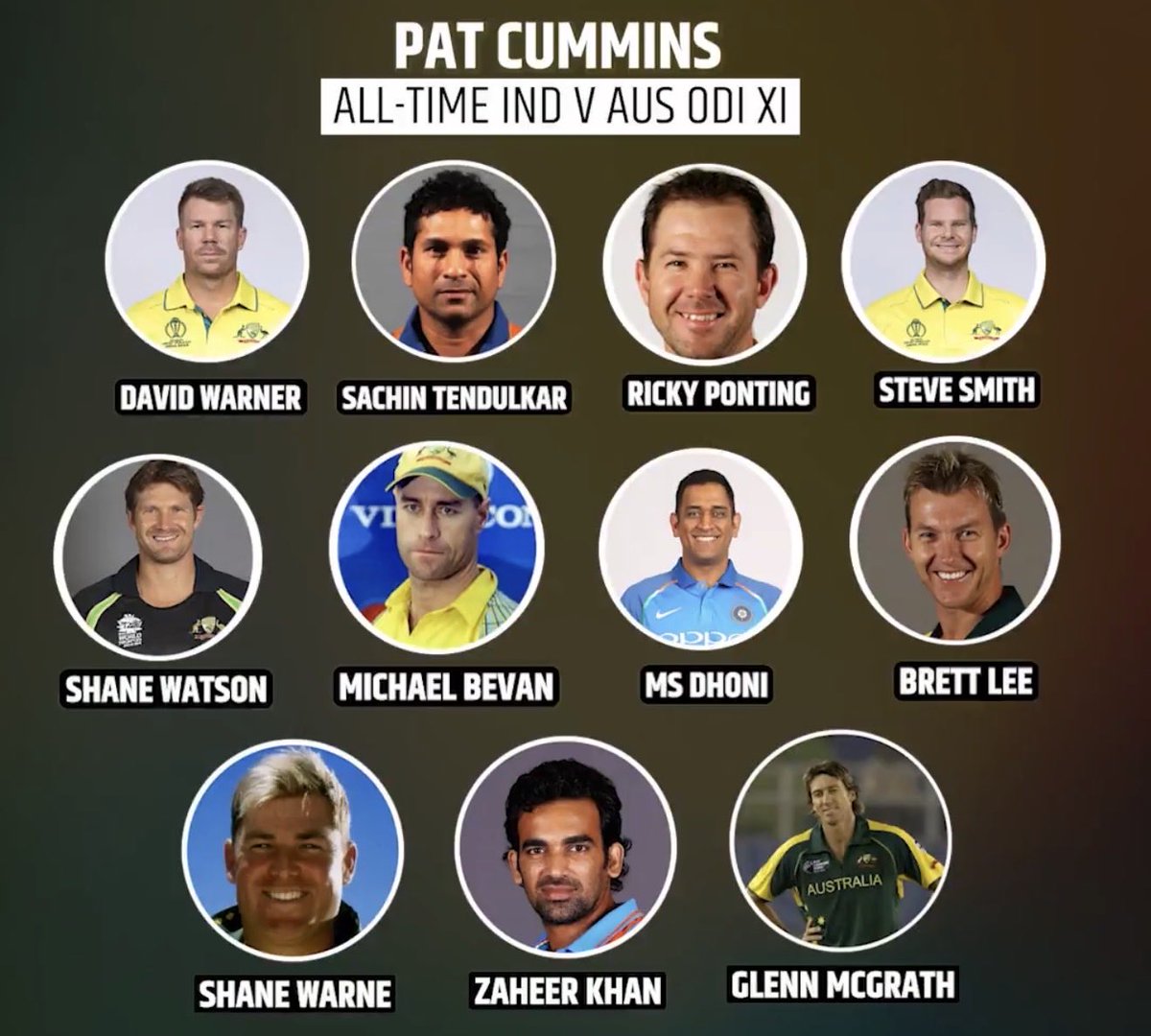 Pat Cummins picks his all time India Vs Australia ODI XI.

- Only retired players considered. (Star Sports).