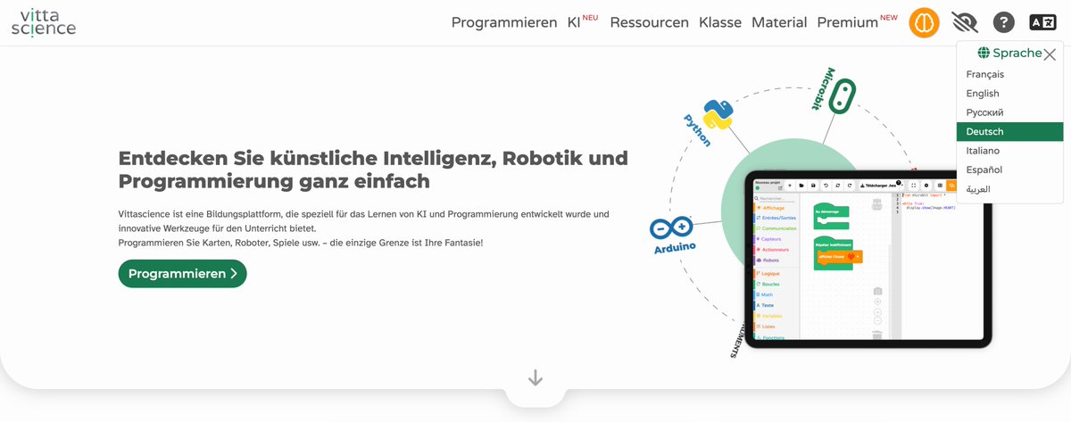 Bonne nouvelle : la plateforme s’ouvre encore davantage à l’international 🌍
À partir d’aujourd’hui, vous pouvez utiliser Vittascience en allemand 🇩🇪 et en russe 🇷🇺.

Grâce à cette nouveauté, enseignants, élèves et passionnés germanophones et russophones peuvent désormais