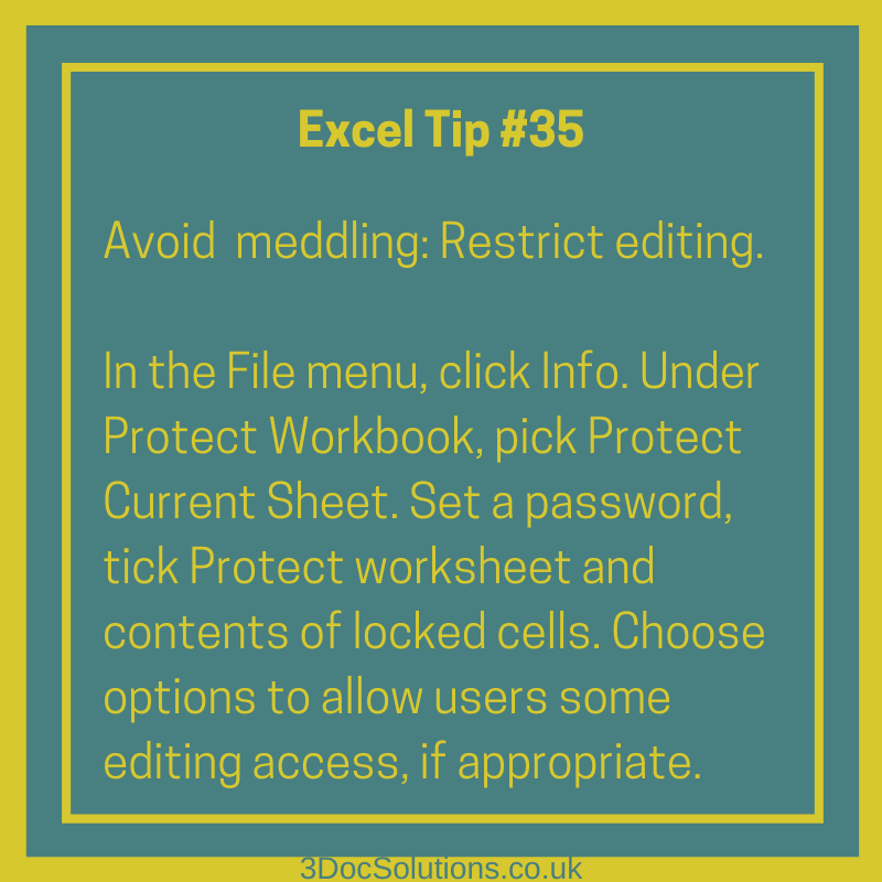 3DocSolutions's tweet image. Ever had someone “helpfully” edit your Excel sheet? 😅
Protect your work:✔️ File → Info → Protect Workbook → Protect Current Sheet
✔️ Set a password
✔️ Choose what can be edited
and relax!
#Excel #WorkTips #SpreadsheetLife