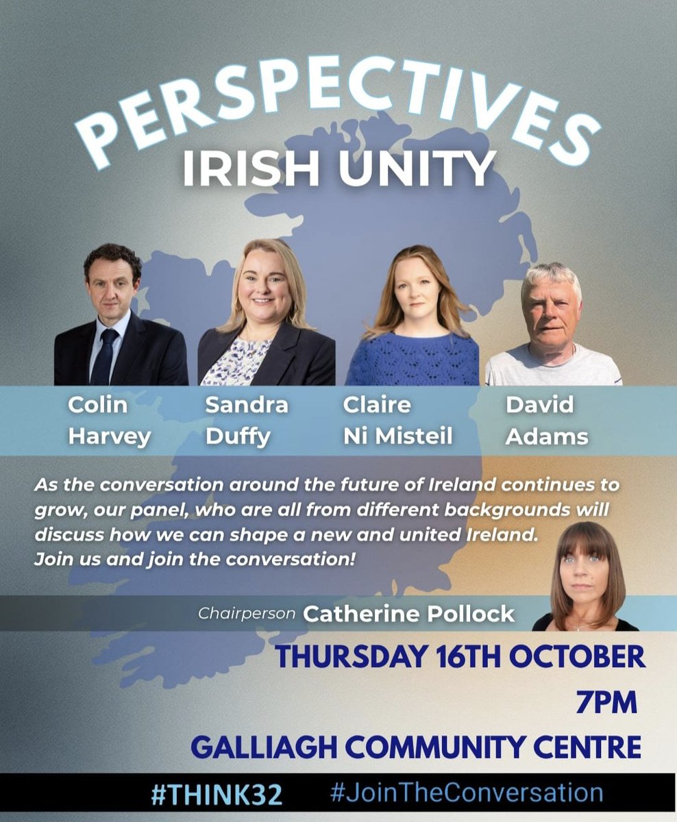 Just one day to our next event in Galliagh Community Centre, Derry.
'Perspectives on Irish Unity'.
<a href="/cjhumanrights/">Colin Harvey</a>
<a href="/davidadams10/">David Adams</a>
<a href="/SandraDuffySF/">Sandra Duffy</a>
Claire Ní Místeil
Chaired by Catherine Pollock
#JoinTheConversation 
#think32