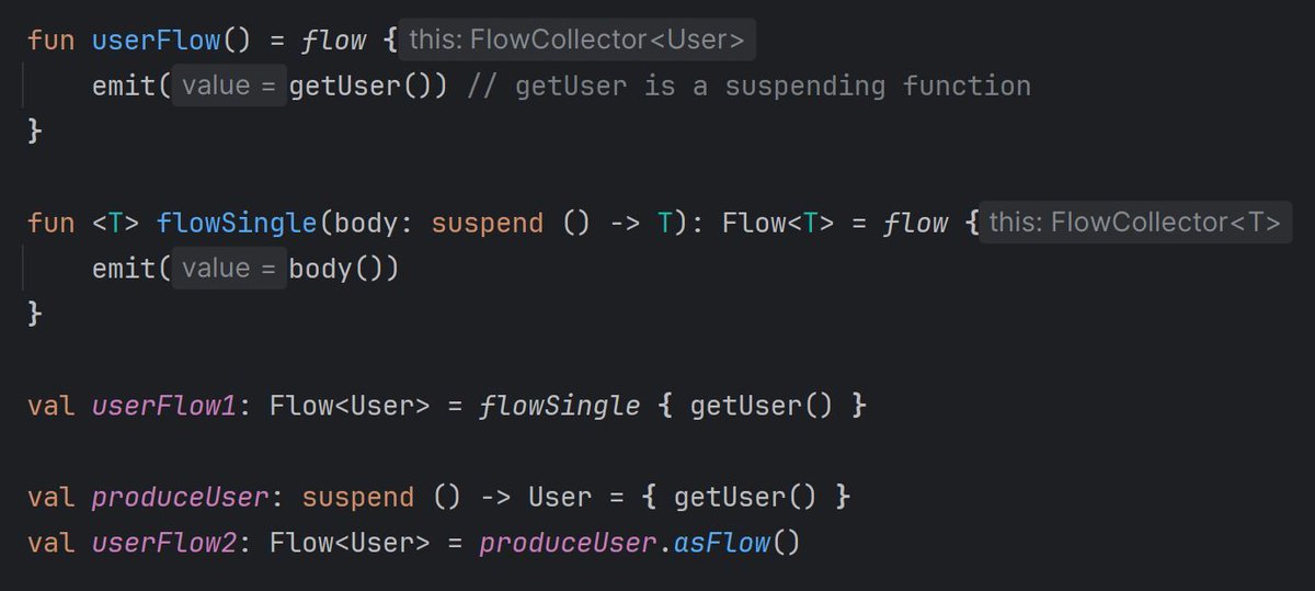marcinmoskala's tweet image. To turn a function into a flow that emits its result, you can just use flow builder with emit. Many projects define a function for that. You can also turn a lambda function using asFlow.
If you’d like to go beyond these small tips and really master flows and coroutines, join my…