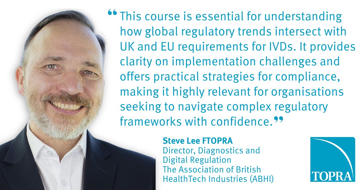 Our Regulation of In Vitro Diagnostics Medical Devices course, presented by experts including Steve Lee, FTOPRA, of ABHI, will explore the EU’s IVDs Regulation and how it differs from other jurisdictions.

Book now (20-22 Oct 25, London or online) 👉 topra.org/TOPRA/TOPRA_Me…