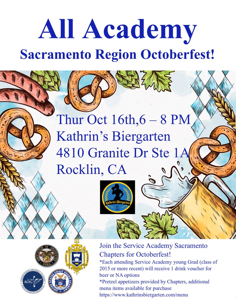 Fellow Graduates and Friends -

Come join us for the October All-Academy Happy Hour!

It’s Thursday, October 16th from 6-8 pm at Kathrin’s Biergarten in Rocklin.

Kathrin’s Biergarten, 4810 Granite Drive, Rocklin. We will have reserved tables in the beer garden next to the stage.