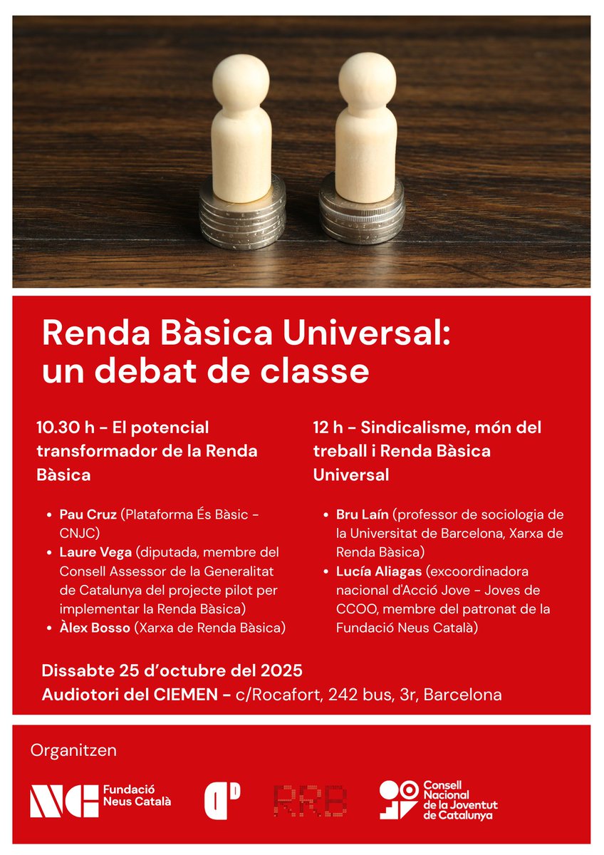 🔴 Renda Bàsica Universal: un debat de classe.

👉 El pròxim 25 d'octubre, a l'auditori d' <a href="/elciemen/">CIEMEN</a>, analitzarem el potencial transformador de la RBU, així com la seva relació amb el sindicalisme i el món del treball.

🤝 <a href="/debatsxdema/">Debats pel Demà</a>, <a href="/RedRentaBasica/">Red Renta Básica</a> i <a href="/CNJCat/">Consell Nacional de la Joventut de Catalunya</a>.
