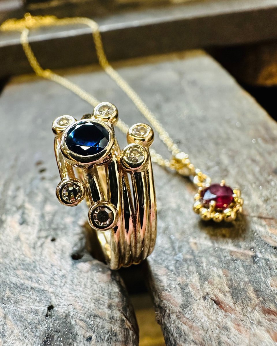 These bespoke pieces were handcrafted using jewels from my client's mother and grandmother. The new settings invite fresh energy and life back into the gems ready for the next step in life's beautiful journey. Contemporary, sculptural and imbued with powerful sentiment.