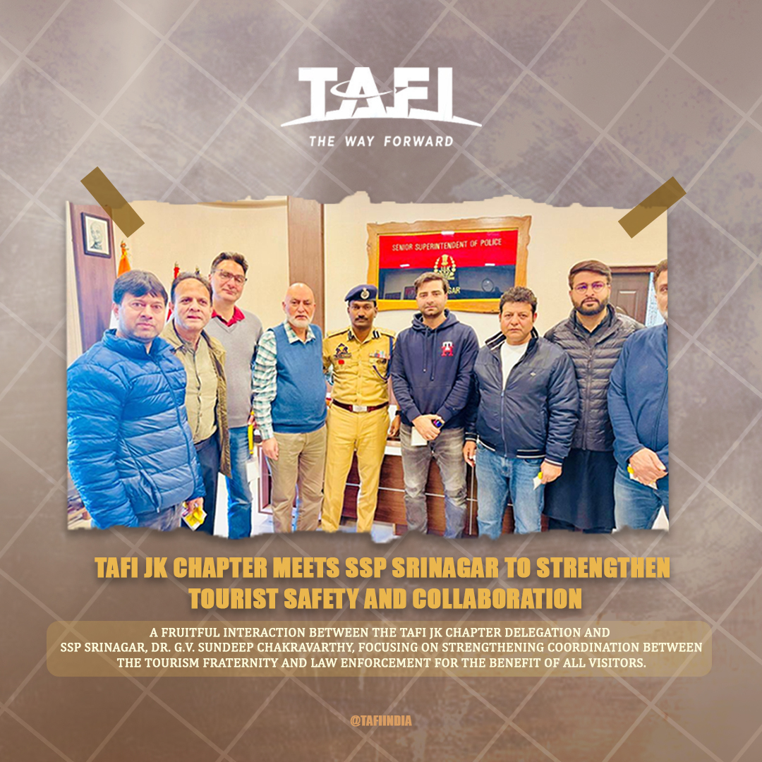 TAFI JK Chapter met SSP Srinagar, Dr. G.V. Sundeep Chakravarthy, to strengthen collaboration and enhance tourist safety in the Valley.
#TAFI #TAFIJKChapter #TourismKashmir #Srinagar #DrGVSundeepChakravarthy #SSPSrinagar #TravelSafe #IncredibleIndia #TourismDevelopment