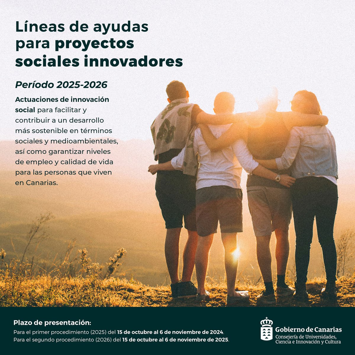 agenciaiisi's tweet photo. 📢 Abierta la convocatoria de subvenciones a Proyectos de Innovación Social 2026 (segundo procedimiento)
📆Plazo, del 15 de octubre al 6 de noviembre de 2025 
🫂Dirigida a empresas, profesionales autónomos y entidades de economía social.
📌BOC: 
https://t.co/j2Jaze75im https://t.co/zay6psUHGe