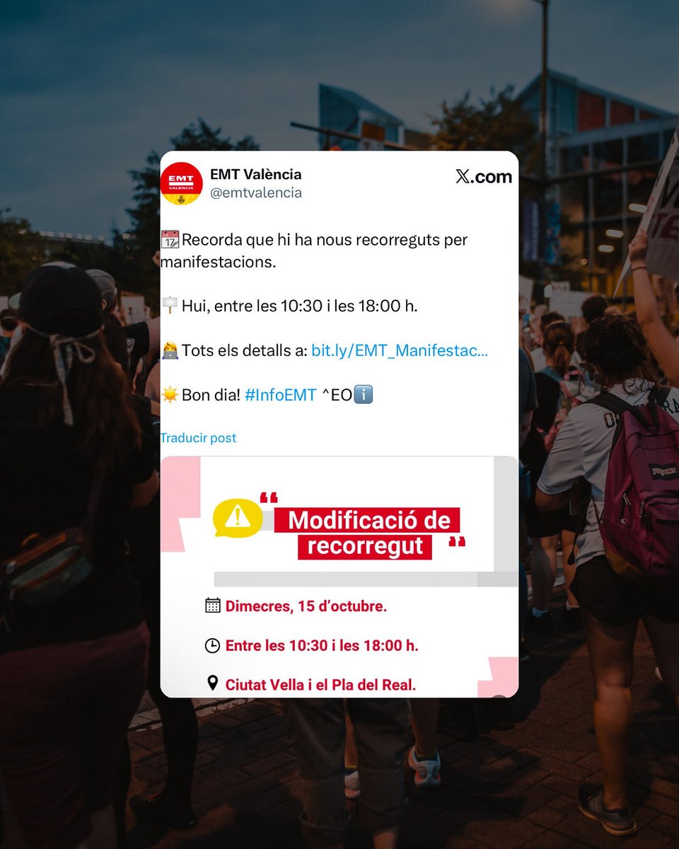Debido a las concentraciones y la huelga general convocada para este miércoles 15 de octubre:

🚘 Cortes de Tráfico

🚎 EMT: Se producirán nuevos recorridos y desvíos por las manifestaciones

🚆Metrovalencia: El servicio operará con servicios mínimos

#huelga #manifestacion