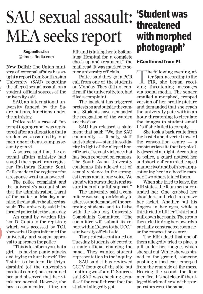jhasugandha10's tweet photo. The Ministry of External Affairs (MEA) has sought a report from South Asian University (SAU) regarding the alleged “attempt to rape” of a student on campus by four persons, including a security guard.  Accused have not been identified yet

I report  @timesofindia https://t.co/RiGsXWDrMA