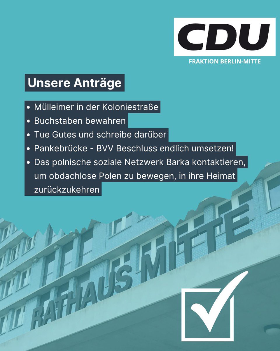 fraktion_cdu's tweet photo. Vorschau 👀 auf unsere Anträge in der morgigen BVV-Sitzung.

#bvvmitte https://t.co/lSVGAvqPQa