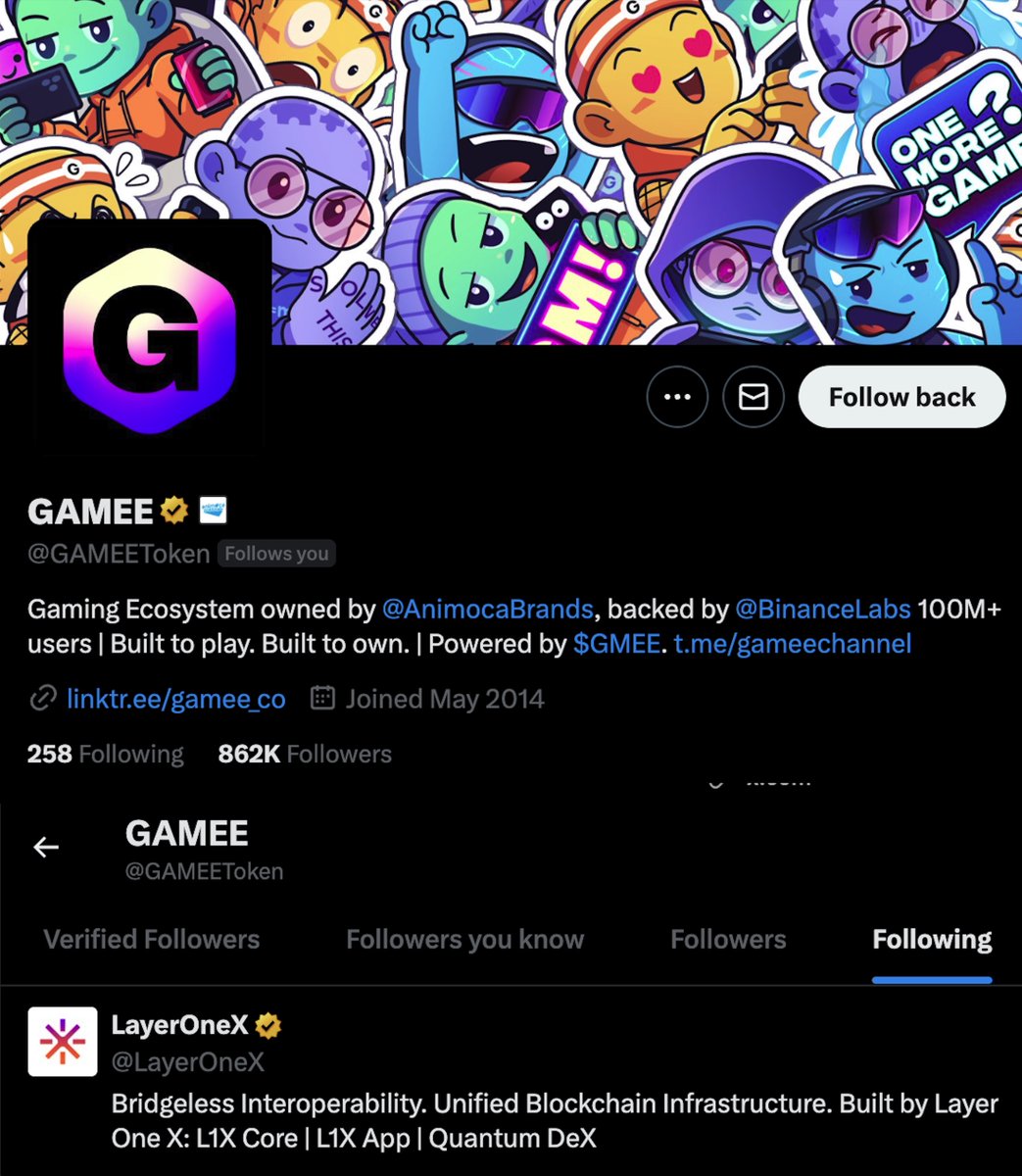 🚀 Thank you <a href="/GAMEEToken/">GAMEE</a> for the follow

We’re big supporters of what you’re building with @AnimocaBrands powering over 100M+ users in Web3 gaming is no small feat 🎮🔥

As we prepare to launch L1X Play on 10th November 2025, we’re excited to explore an advertising partnership to