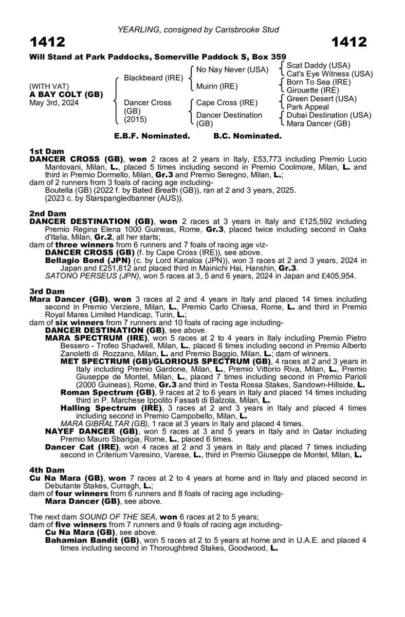 Lot 1412 <a href="/Tattersalls1766/">Tattersalls</a> Book 3 is a precocious colt by <a href="/coolmorestud/">Coolmore</a> Blackbeard out of 2yo Listed winner Dancer Cross (Cape Cross)