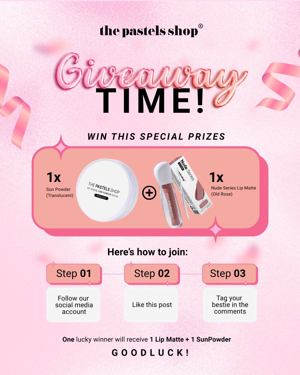 thepastelsshop's tweet image. GIVEAWAY ALERT 📢

We’re giving away our Lip Matte and SunPowder to one lucky winner! ❤️Winner will be announced on 24 October 2025. Good luck, beautiful! ✨
