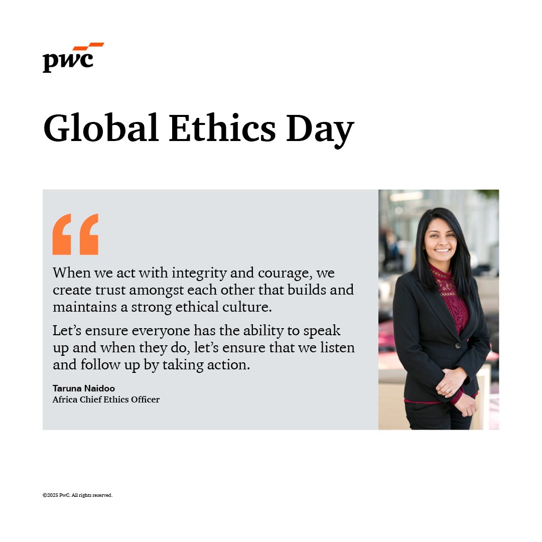 Today we celebrate Global Ethics Day, a powerful reminder that ethics guides our actions. Every choice we make shapes the ethical culture within our various spaces.   #GlobalEthicsDay #PwCAfricaEthicsWeek