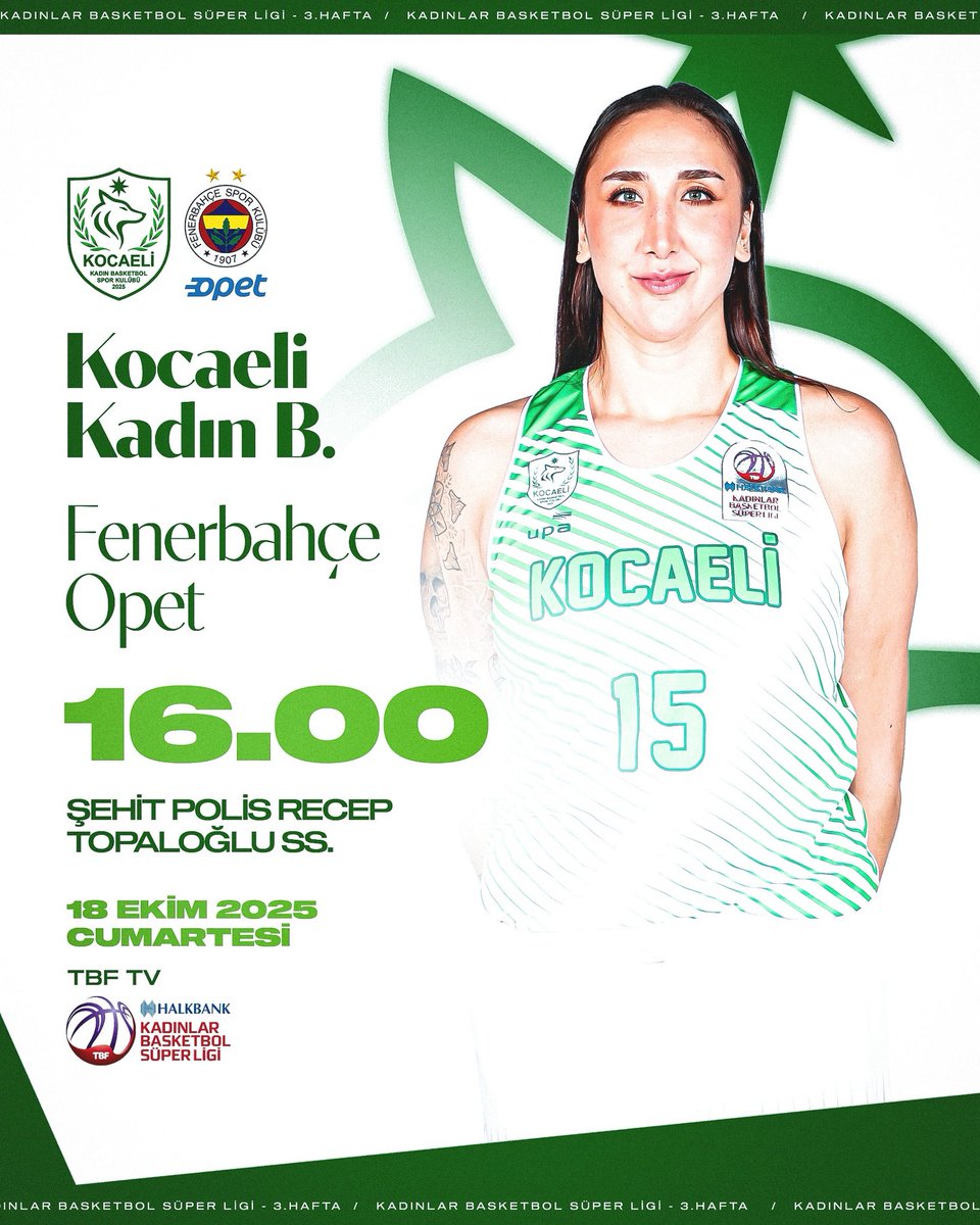 MAÇA DOĞRU #3 💚🤍
Takımımız, Kadınlar Basketbol Süper Ligi’nin 3. haftasında Fenerbahçe Opet ile karşı karşıya geliyor.

🏀 Halkbank Kadınlar Basketbol Süper Ligi
🆚 Fenerbahçe Opet
📆 18 Ekim 2025 Cumartesi
⏰ 16.00
📍 Şehit Polis Recep Topaloğlu Spor Salonu
📺 TBF TV