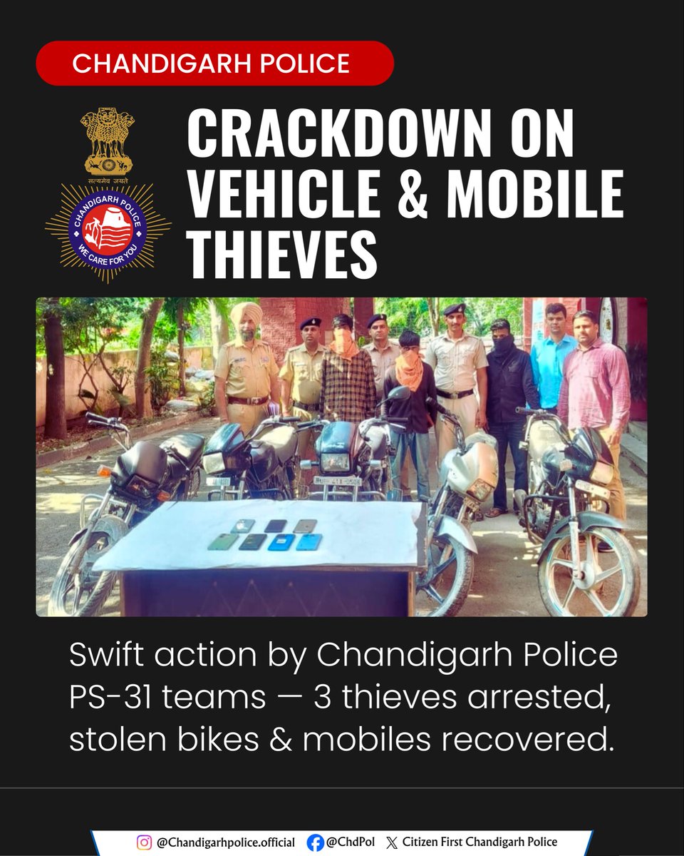 ChdPol's tweet image. 🚨 Choro ki khair nahi
 PS-31 team arrests 3, recovers stolen property. 

#WeCareForYou #Swiftaction

@DgpChdPolice