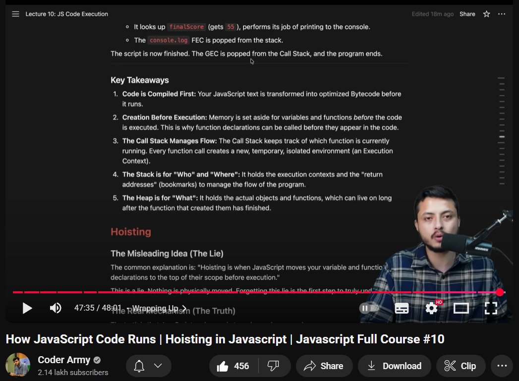 AvinasTweets's tweet image. Finally Back on track .
Completed Lecture 10 on #JavaScript by @rohit_negi9 bhaiya.
Topics Covered :
- The role of the JavaScript Engine
- Creation vs. Execution
- why `var`, `let`, and `const` behave differently.
- The Call Stack
- The Memory Heap