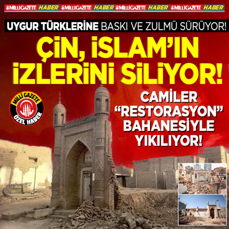 milligazetecom's tweet photo. 🔴Uygur Türklerine baskı ve zulmü sürüyor! Çin, İslam’ın izlerini siliyor! Camiler “restorasyon” bahanesiyle yıkılıyor!