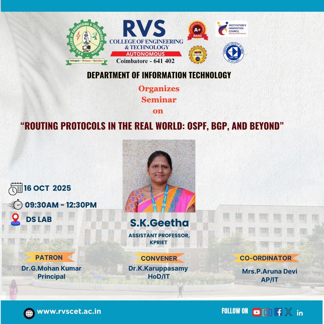 rvsdigitalcet's tweet image. 🌐 Seminar on "Routing Protocols in the Real World: OSPF, BGP, and Beyond"
The Department of Information Technology at RVS College of Engineering & Technology successfully organized an insightful seminar delving into the backbone of the internet!
#RoutingProtocols #Networking