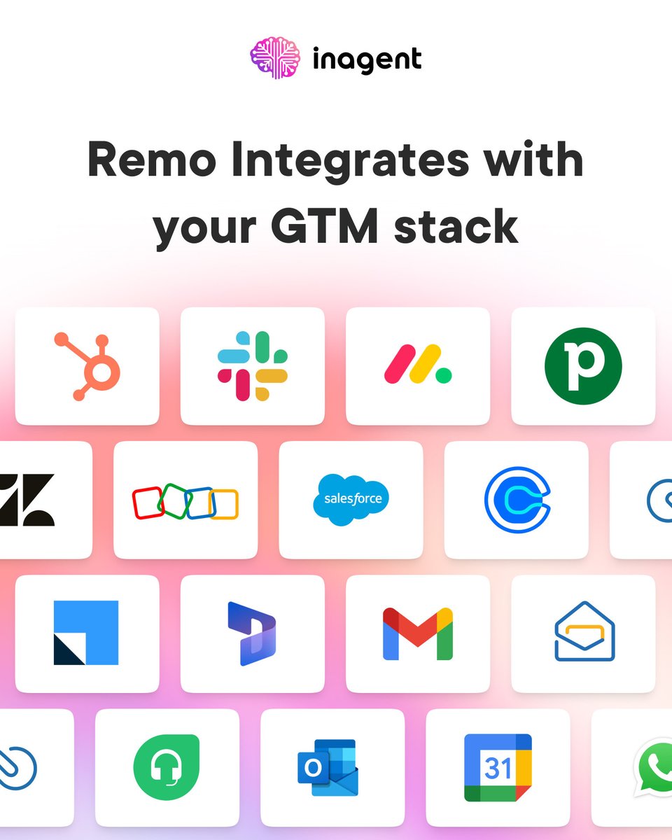 inagentai's tweet photo. Your GTM stack, supercharged. ⚡

Remo seamlessly integrates with your favourite tools - from @HubSpot to @Zoho @ZohoMail to @SlackHQ.

AI agent that fits right in.

#ai #artificial_intelligence #aiforsales #genai https://t.co/JabNHsFI6R
