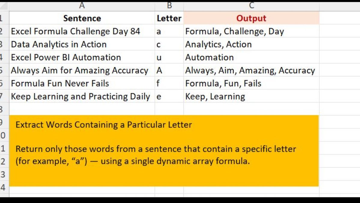 SubtleFred_'s tweet image. Another day, another Excel challenge by Kotteswaran Velu.
Here’s my formula solution 😀
=MAP(A2:A7,B2:B7,LAMBDA(a,b,LET(d,TEXTSPLIT(a," "),ARRAYTOTEXT(FILTER(d,ISNUMBER(SEARCH(b,d)))))))
Again, why am I posting Excel formulas on X? No idea yet 😂