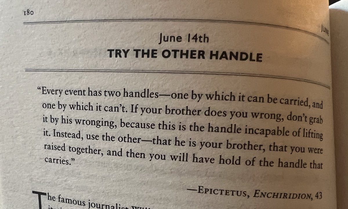 The most powerful quote I have found on how to perceive events.

Why so many of us grab the wrong handle, when the other handle of the event would actually improve things.

Credit to The Daily Stoic authors 🙏