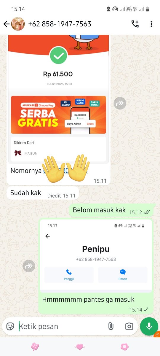 Tiati sama nomor ini ya guys, dia mau beli pulsa di aku kirim bukti boong. Pastiin lagi uangnya udah masuk ke ewallet dulu yaaa