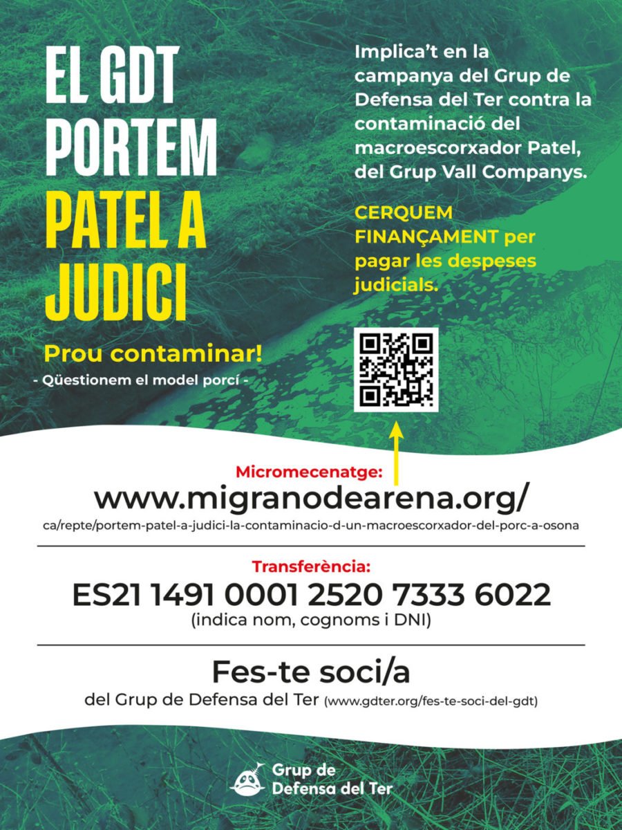 🟢 El <a href="/GrupDefensaTer/">Grup de Defensa del Ter</a> inicia una campanya de finançament per fer front a les despeses del judici contra Patel, del qual són acusació popular. 

✊🏿 Us animem a col·laborar-hi. Defensar el Ter és defensar la terra!