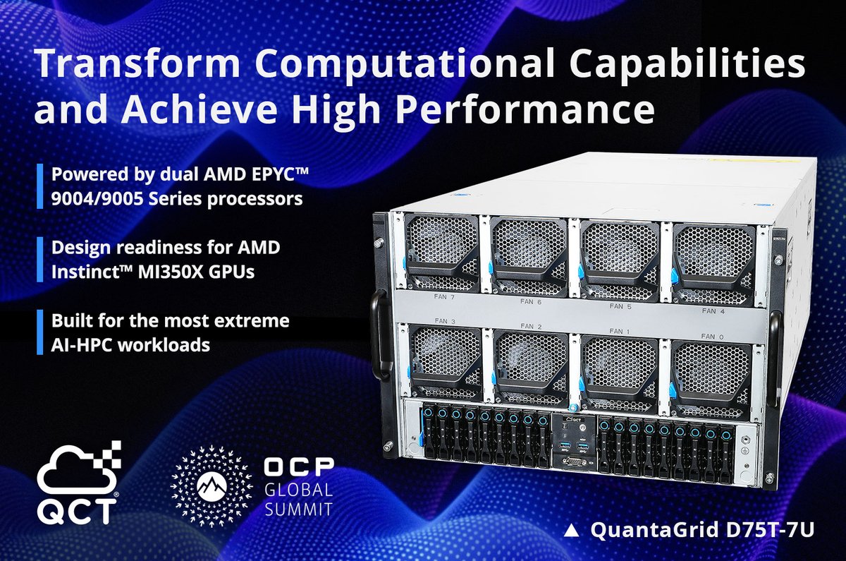 QuantaQCT's tweet image. Currently on display at @QuantaQCT Booth #A41, the #QuantaGrid D75T-7U is equipped with 2x AMD EPYC CPUs and 8x AMD Instinct GPUs, powerful enough to handle even the most complex #AI and #HPC workloads.  #OCPSummit25 bit.ly/4natlFF