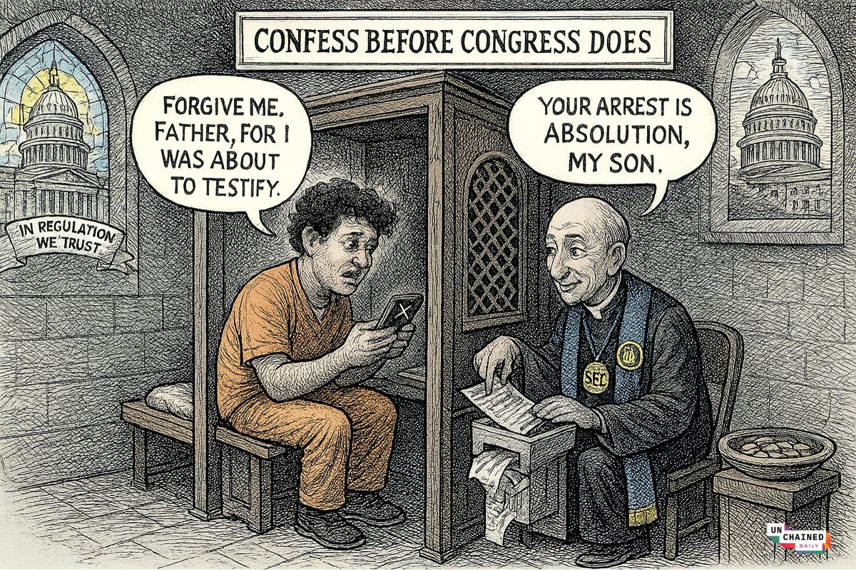 Cartoon depicting a confessional scene with a prisoner and SEC priest, satirizing crypto testimony and arrests
