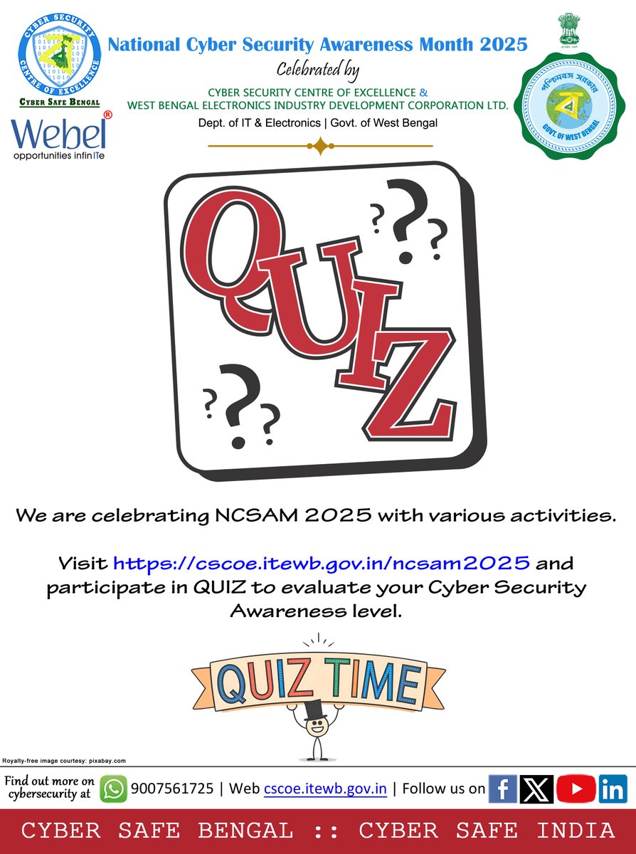 cscoe_wb's tweet image. We are celebrating NCSAM 2025 with various activities. Visit cscoe.itewb.gov.in/ncsam2025 and participate in QUIZ to evaluate your Cyber Security Awareness level.
#CSCOE #CyberAwareness #cybersecurity #NCSAM #Quiz