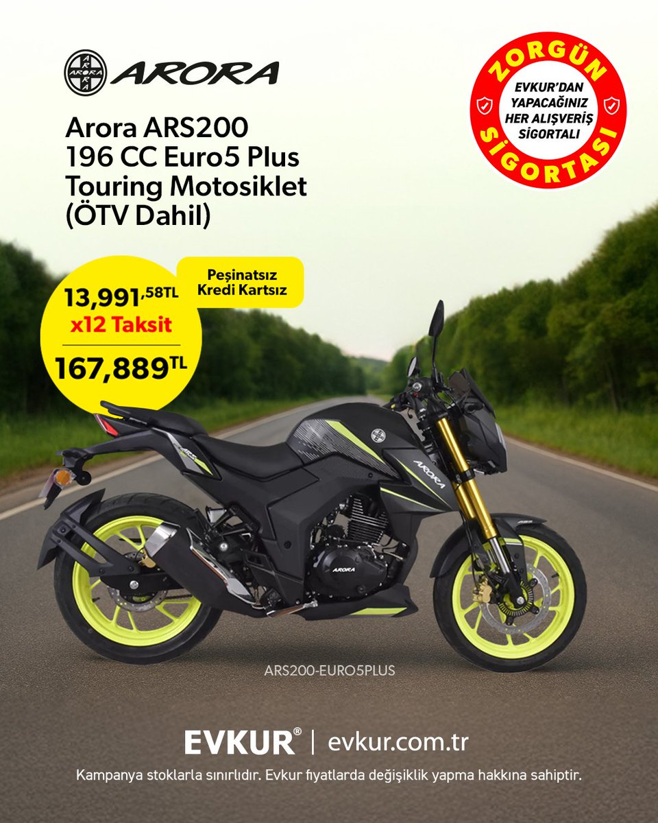 Yeni Arora ARS200 Euro5 Plus Touring şimdi yollarda! 🏁
196 CC gücü, Euro5 performansı ve uzun yol konforu bir arada.
 Üstelik 24 aya varan taksit seçenekleriyle Evkur'da!👇
evkur.com.tr/arora-ars-196-…
#Evkur #AroraMotosiklet #ARS200 #Touring