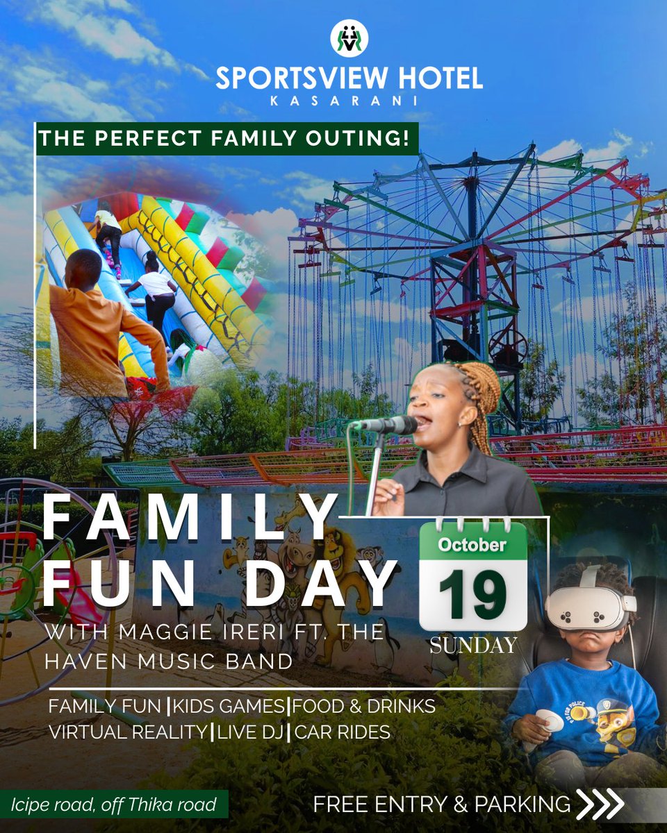 Sportsviewhotel's tweet photo. Looking for fun family activities in Nairobi?
Join us this Sunday, Oct 19 at Sportsview Hotel Kasarani for the ultimate Family Fun Day!
Kids’ games | VR | Live band | Food &amp; drinks
ICIPE Rd, off Thika Rd
 Free entry &amp; parking
#FamilyFun #FamilyActivitiesInNairobi #SportsviewHotel https://t.co/UmsCJXgMyu