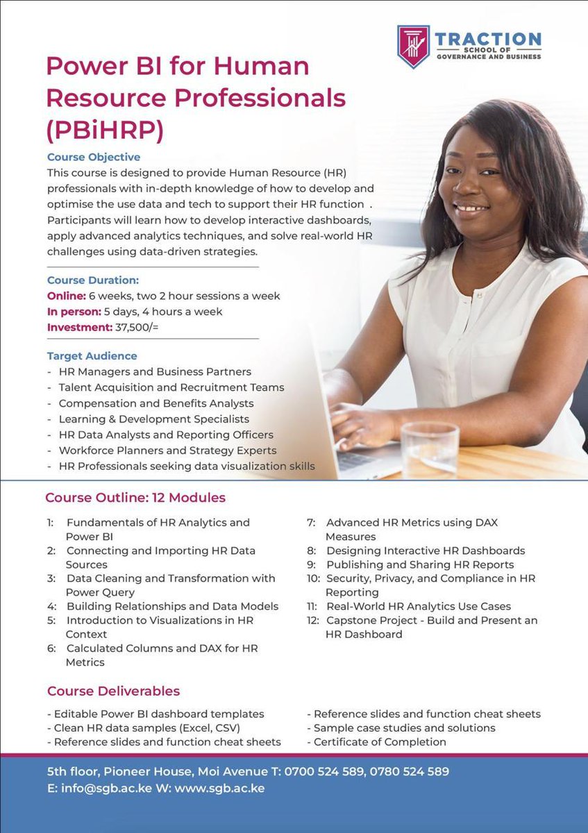 Traction_sgb's tweet image. First Cohort Alert!
 Power BI for HR Professionals (PBiHRP) starts 3rd Nov 2025!
Learn to visualize HR data &amp;amp; make smarter people decisions. 

🎯Enroll now: sgb.ac.ke/pbihrp/
🌐 sgb.ac.ke

#PowerBI #HRAnalytics #DataDrivenHR #CareerGrowth